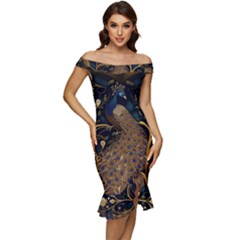 Peacock Plumage Bird Decorative Pattern Graceful Off Shoulder Ruffle Split Hem Bodycon Dress