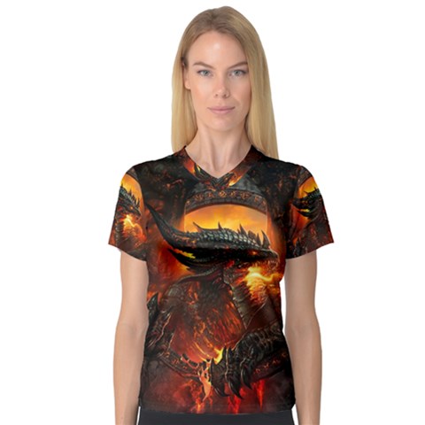 Dragon Art Fire Digital Fantasy V-neck Sport Mesh Tee by Celenk