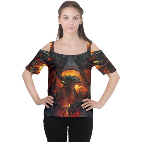 Dragon Art Fire Digital Fantasy Cutout Shoulder Tee by Celenk