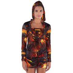 Dragon Art Fire Digital Fantasy Long Sleeve Hooded T-shirt by Celenk