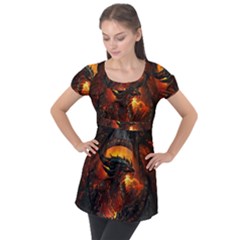 Dragon Art Fire Digital Fantasy Puff Sleeve Tunic Top by Celenk