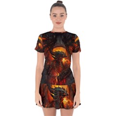 Dragon Art Fire Digital Fantasy Drop Hem Mini Chiffon Dress by Celenk