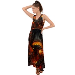 Dragon Art Fire Digital Fantasy V-neck Chiffon Maxi Dress by Celenk