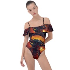 Dragon Art Fire Digital Fantasy Frill Detail One Piece Swimsuit by Celenk