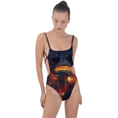 Dragon Art Fire Digital Fantasy Tie Strap One Piece Swimsuit by Celenk