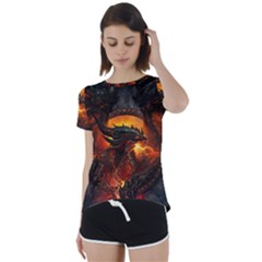 Dragon Art Fire Digital Fantasy Short Sleeve Open Back Tee by Celenk