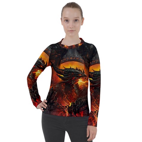 Dragon Art Fire Digital Fantasy Women s Pique Long Sleeve Tee by Celenk