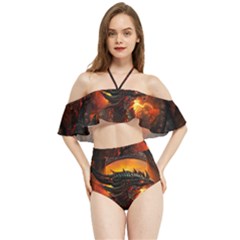 Dragon Art Fire Digital Fantasy Halter Flowy Bikini Set  by Celenk