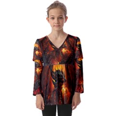 Dragon Art Fire Digital Fantasy Kids  V Neck Casual Top by Celenk