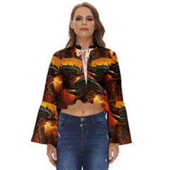 Dragon Art Fire Digital Fantasy Boho Long Bell Sleeve Top