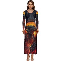 Dragon Art Fire Digital Fantasy Long Sleeve Longline Maxi Dress by Celenk