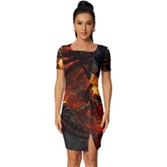 Dragon Art Fire Digital Fantasy Fitted Knot Split End Bodycon Dress by Celenk