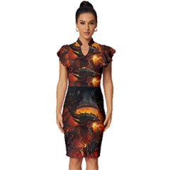 Dragon Art Fire Digital Fantasy Vintage Frill Sleeve V-neck Bodycon Dress by Celenk