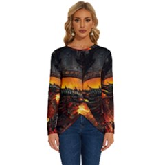 Dragon Art Fire Digital Fantasy Long Sleeve Crew Neck Pullover Top by Celenk