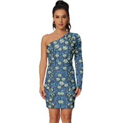 Lotus Bloom In The Calm Sea Of Beautiful Waterlilies Long Sleeve One Shoulder Mini Dress by pepitasart