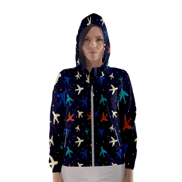 Blue background cute airplanes Women s Hooded Windbreaker