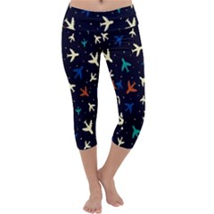 Blue Background Cute Airplanes Capri Yoga Leggings by ConteMonfrey