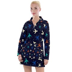 Blue Background Cute Airplanes Women s Long Sleeve Casual Dress by ConteMonfrey