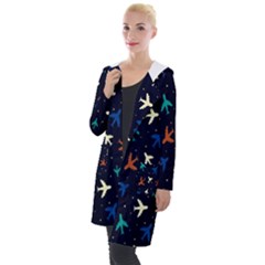 Blue Background Cute Airplanes Hooded Pocket Cardigan by ConteMonfrey