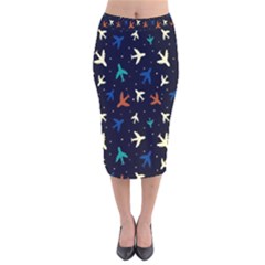 Blue Background Cute Airplanes Velvet Midi Pencil Skirt by ConteMonfrey