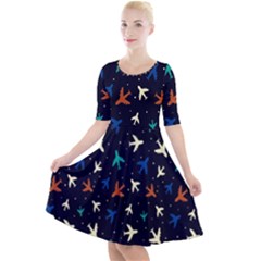 Blue Background Cute Airplanes Quarter Sleeve A-line Dress by ConteMonfrey