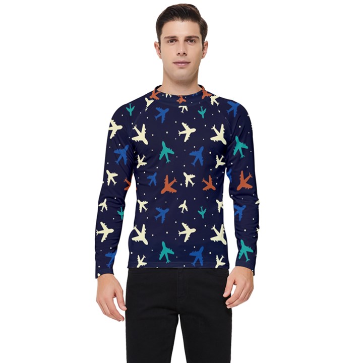 Blue background cute airplanes Men s Long Sleeve Rash Guard