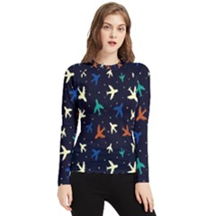 Blue Background Cute Airplanes Women s Long Sleeve Rash Guard by ConteMonfrey