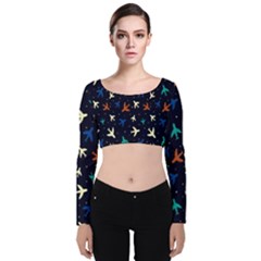 Blue Background Cute Airplanes Velvet Long Sleeve Crop Top by ConteMonfrey