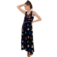 Blue Background Cute Airplanes V-neck Chiffon Maxi Dress by ConteMonfrey