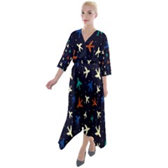 Blue Background Cute Airplanes Quarter Sleeve Wrap Front Maxi Dress by ConteMonfrey