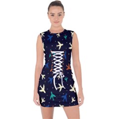 Blue Background Cute Airplanes Lace Up Front Bodycon Dress by ConteMonfrey