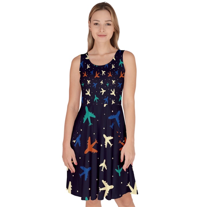 Blue background cute airplanes Knee Length Skater Dress With Pockets