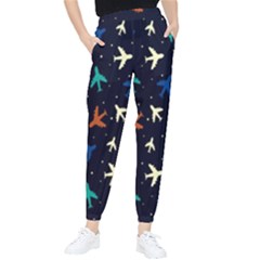 Blue Background Cute Airplanes Women s Tapered Pants by ConteMonfrey