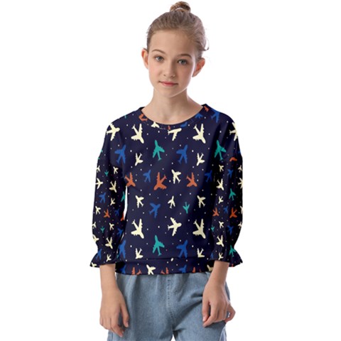 Blue Background Cute Airplanes Kids  Cuff Sleeve Top by ConteMonfrey