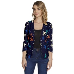 Blue Background Cute Airplanes Women s One-button 3/4 Sleeve Short Jacket by ConteMonfrey