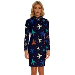 Blue Background Cute Airplanes Long Sleeve Shirt Collar Bodycon Dress by ConteMonfrey