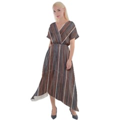 Dark Digital Wood Like Cross Front Sharkbite Hem Maxi Dress by ConteMonfrey