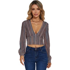 Dark Digital Wood Like Long Sleeve Deep-v Velour Top