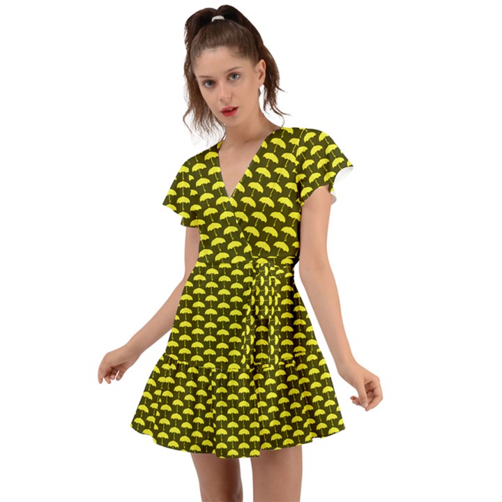 Under My Little yellow Umbrella Flutter Sleeve Wrap Dress