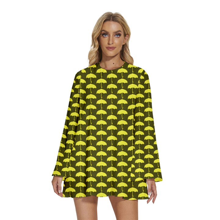 Under My Little yellow Umbrella Round Neck Long Sleeve Bohemian Style Chiffon Mini Dress