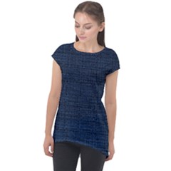 Digital Dark Blue Linen Cap Sleeve High Low Top by ConteMonfrey