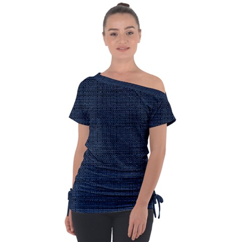 Digital Dark Blue Linen Off Shoulder Tie-up Tee by ConteMonfrey