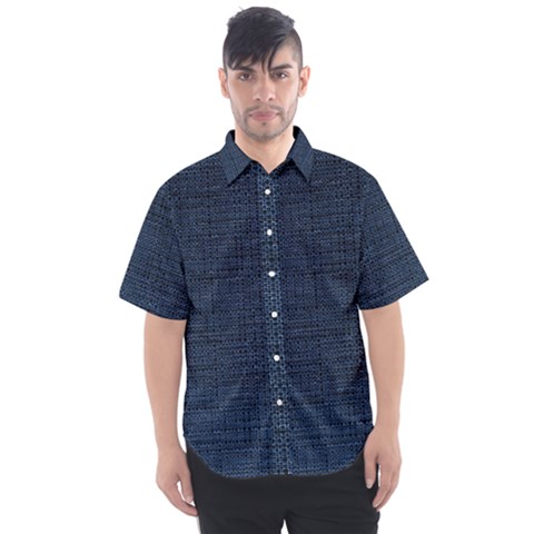 Digital Dark Blue Linen Men s Short Sleeve Shirt by ConteMonfrey