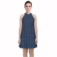 Digital Dark Blue Linen Velvet Halter Neckline Dress  by ConteMonfrey