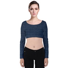 Digital Dark Blue Linen Velvet Long Sleeve Crop Top by ConteMonfrey