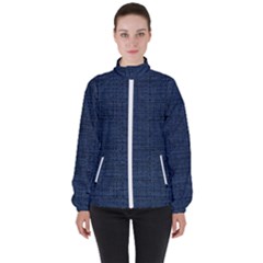 Digital Dark Blue Linen Women s High Neck Windbreaker by ConteMonfrey