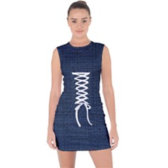 Digital Dark Blue Linen Lace Up Front Bodycon Dress by ConteMonfrey