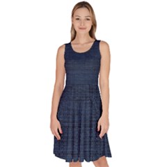 Digital Dark Blue Linen Knee Length Skater Dress With Pockets by ConteMonfrey