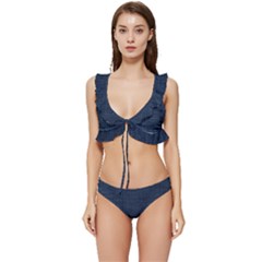 Digital Dark Blue Linen Low Cut Ruffle Edge Bikini Set by ConteMonfrey