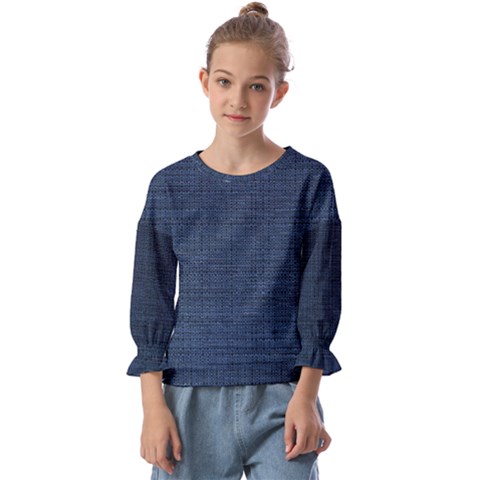 Digital Dark Blue Linen Kids  Cuff Sleeve Top by ConteMonfrey